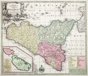Carta settecentesca della Sicilia. Sono evidenziate le tre valli